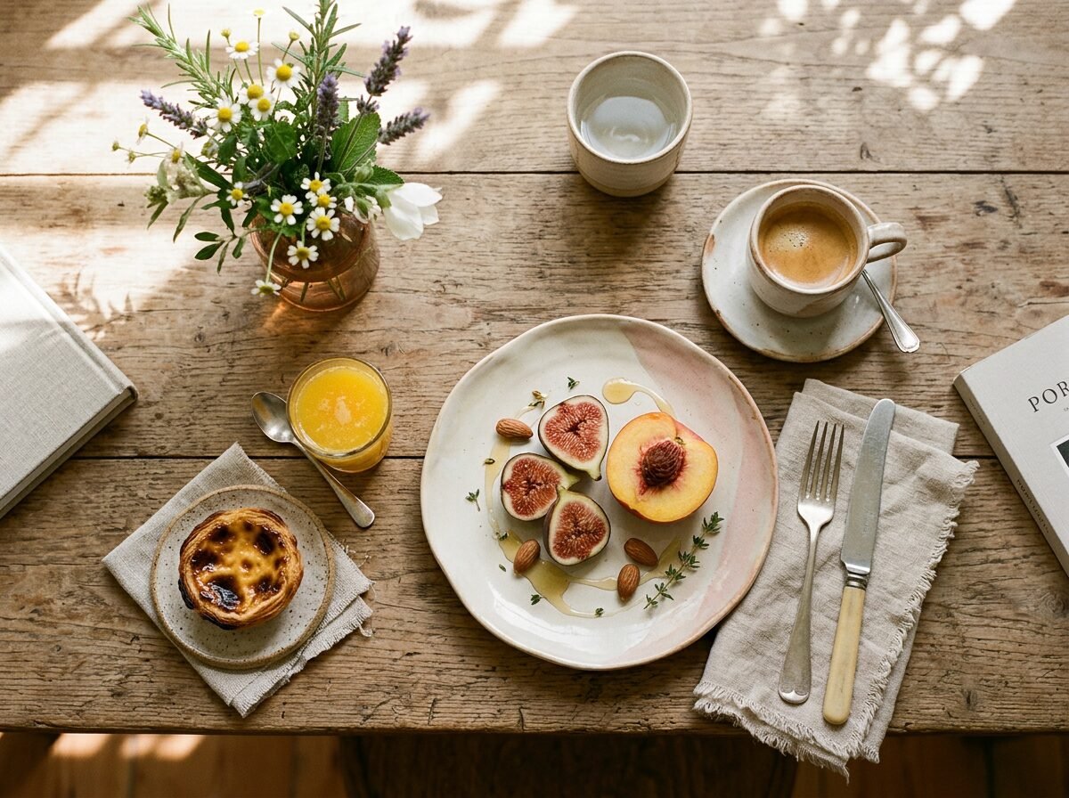 Slow breakfast on a sunlit table